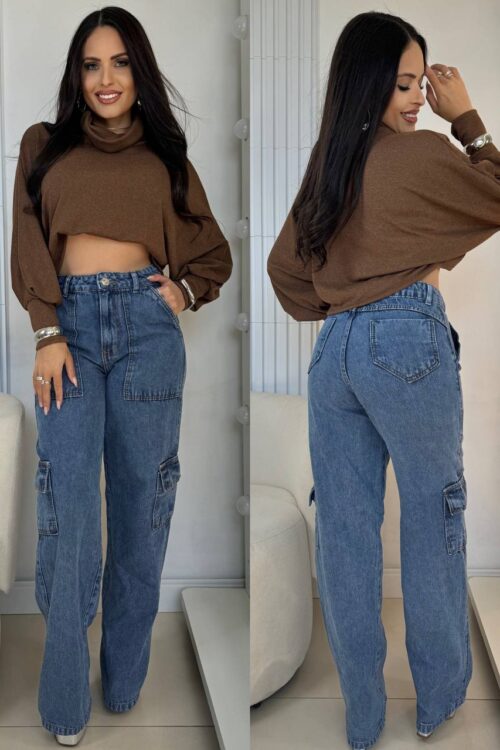 Calça Jeans Wide Leg Cargo Azul