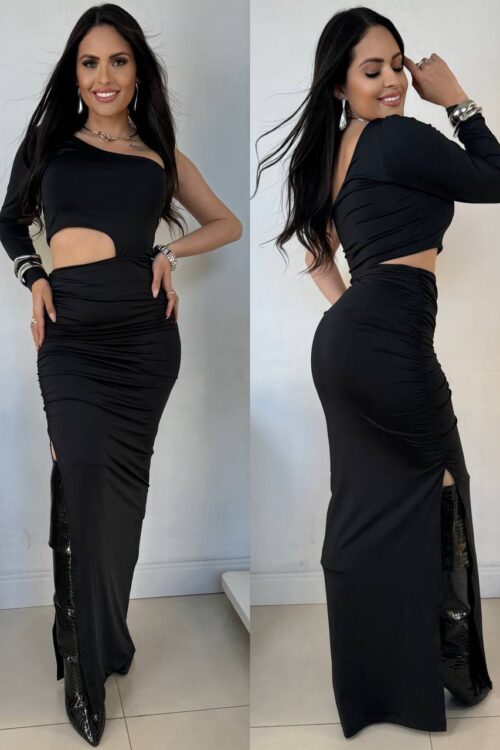 Vestido Longo Manga Única Preto