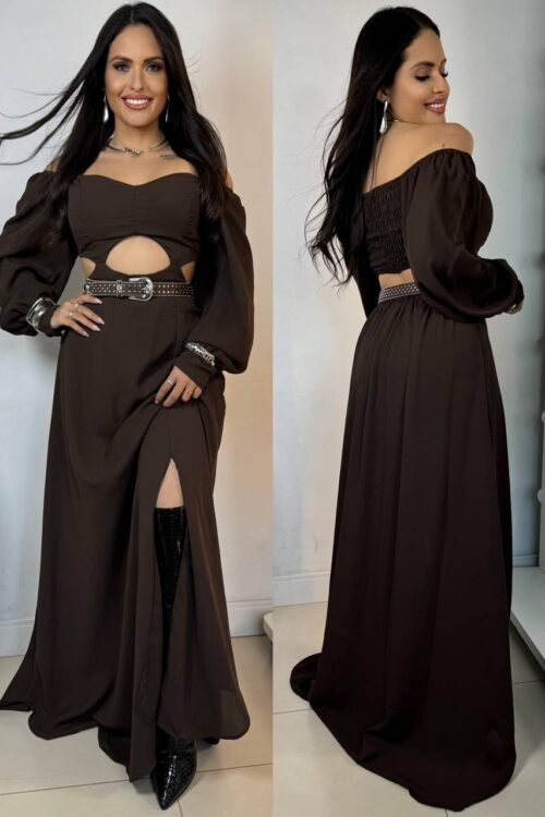 Vestido Kenia Longo Chiffon Marrom