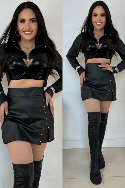 Saia Courino Fenda Strass Preta