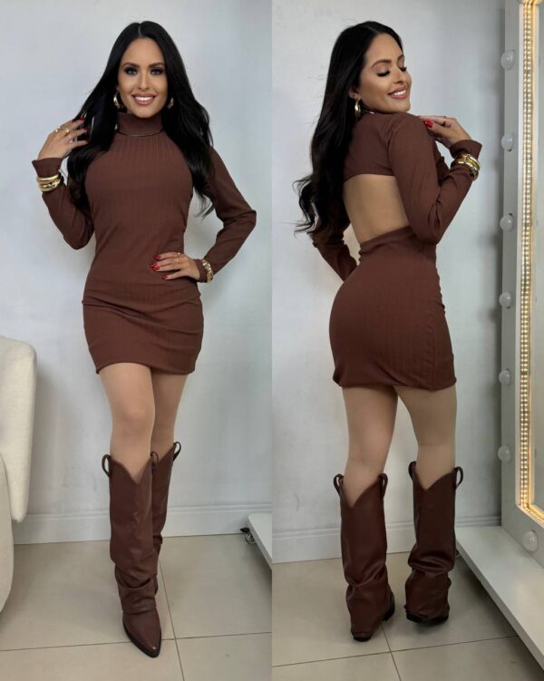 Vestido Canelado Costas Nuas Marrom