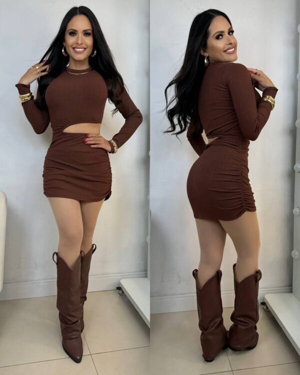 Vestido Recorte Ribana Canelada Marrom