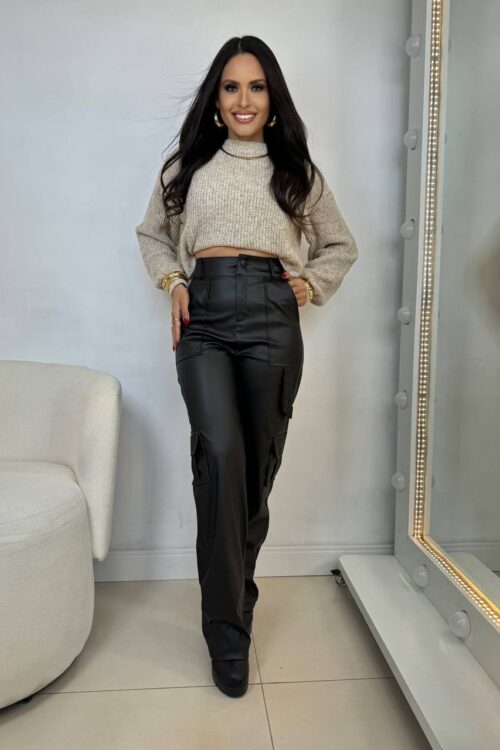 Calça Wide Leg Courino Cargo