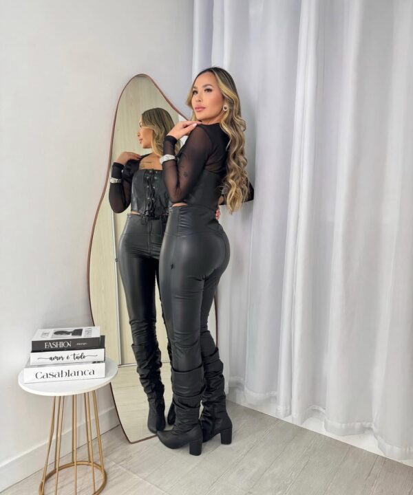 Cropped Corset Preto Courino Com Tule - Imagem 2