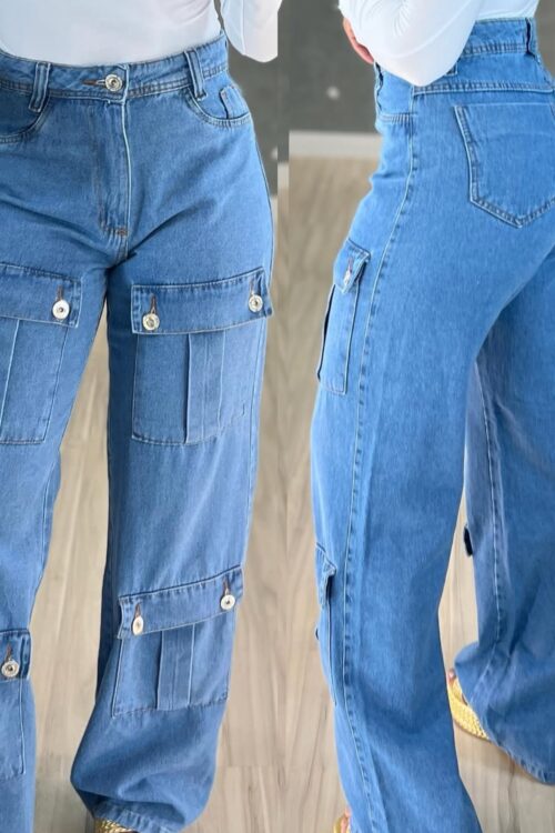 Calça Wide Leg Jeans Bolsos Frontais