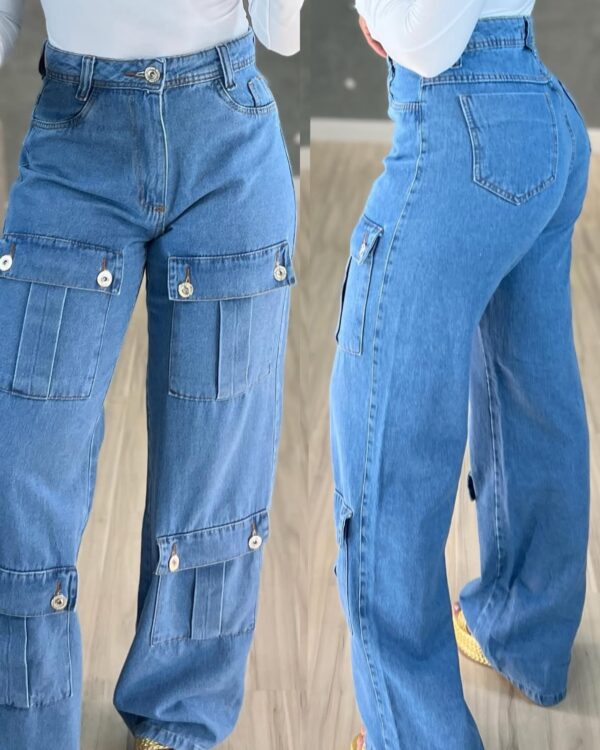 Calça Wide Leg Jeans Bolsos Frontais