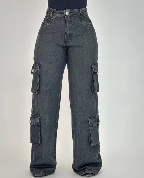 Calça Jeans Wide Leg Grafite Bolsos - Imagem 3