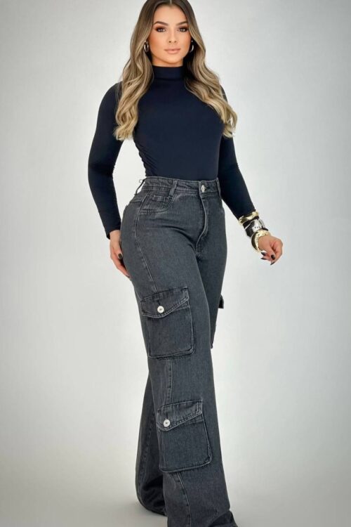 Calça Jeans Wide Leg Grafite Bolsos