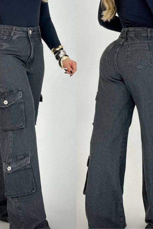 Calça Jeans Wide Leg Grafite Bolsos