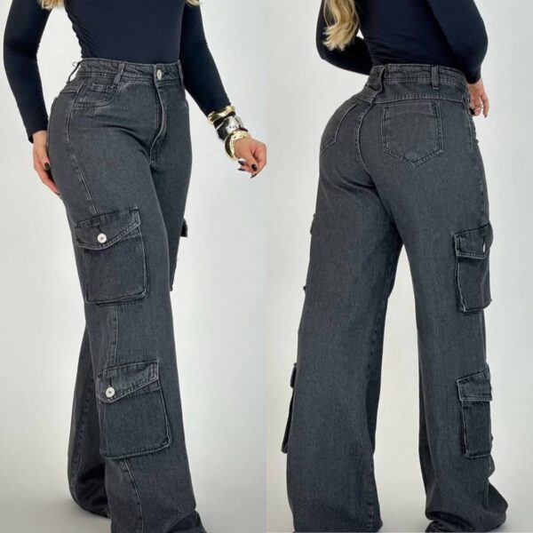 Calça Jeans Wide Leg Grafite Bolsos - Imagem 2