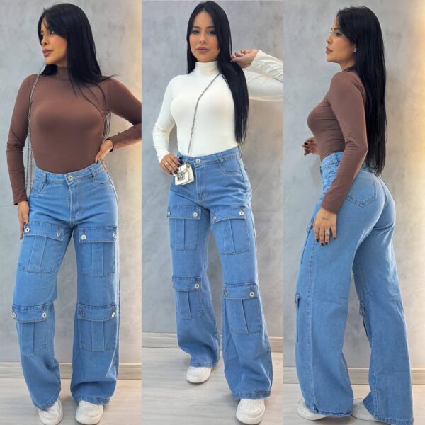 Calça Wide Leg Jeans Bolsos Frontais - Imagem 3