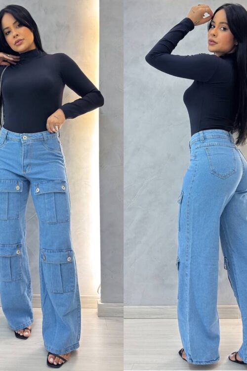 Calça Wide Leg Jeans Bolsos Frontais