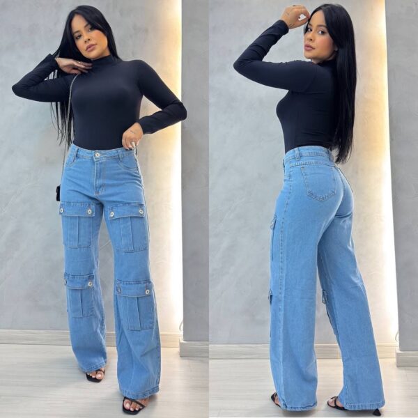 Calça Wide Leg Jeans Bolsos Frontais - Imagem 2
