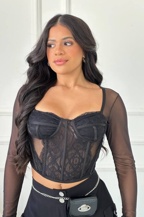 Cropped Corset Tule Com Renda Preto