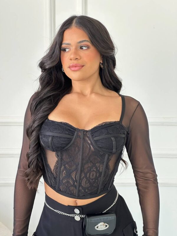 Cropped Corset Tule Com Renda Preto