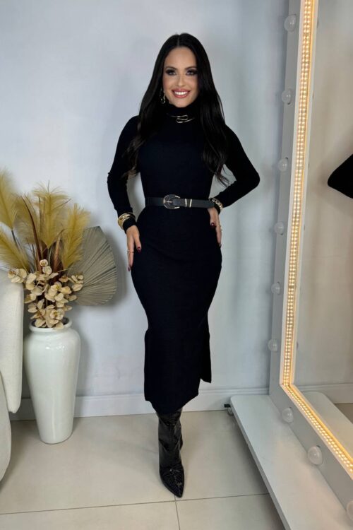 Vestido Longo Canelado Isabela Preto