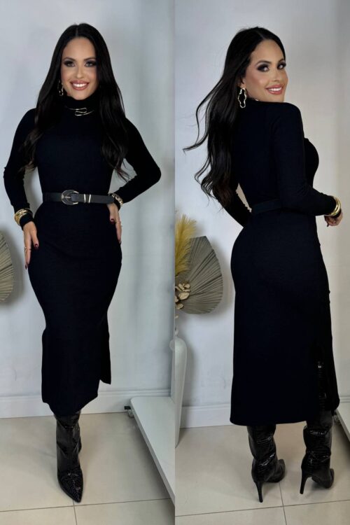 Vestido Longo Canelado Isabela Preto