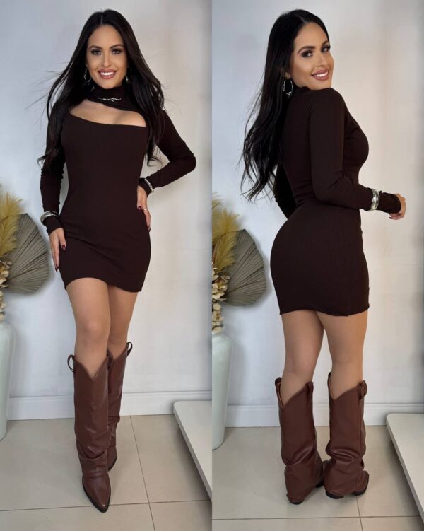 Vestido Canelado Premium Choker Marrom - Imagem 2