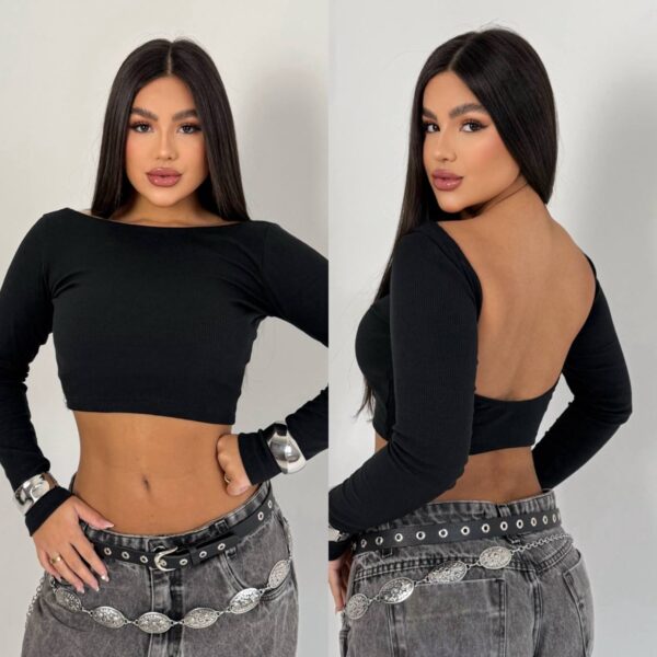 Cropped Ribana Canelada Costas Abertas Preto