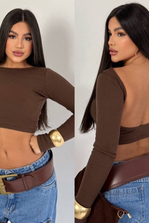 Cropped Ribana Canelada Costas Abertas Marrom