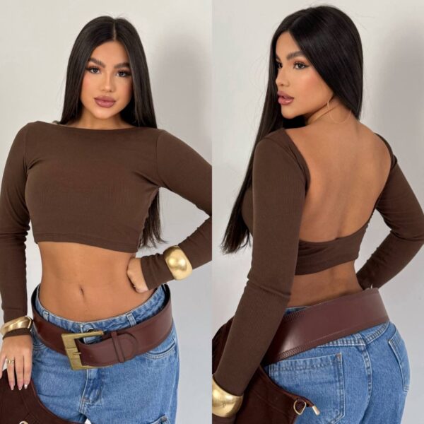 Cropped Ribana Canelada Costas Abertas Marrom