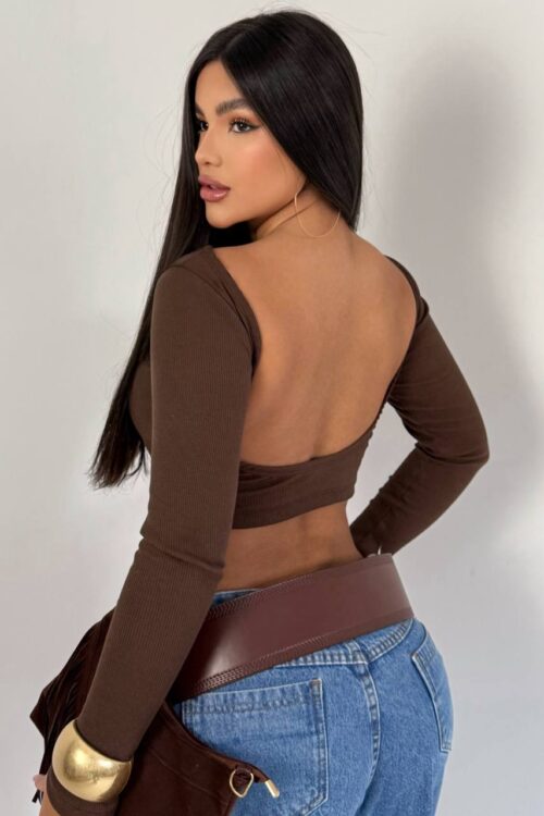 Cropped Ribana Canelada Costas Abertas Marrom