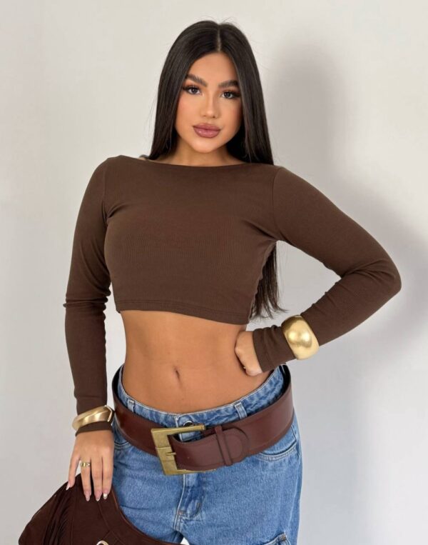Cropped Ribana Canelada Costas Abertas Marrom - Imagem 3