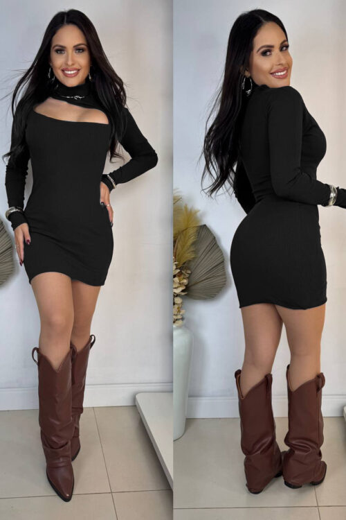 Vestido Canelado Premium Choker Preto