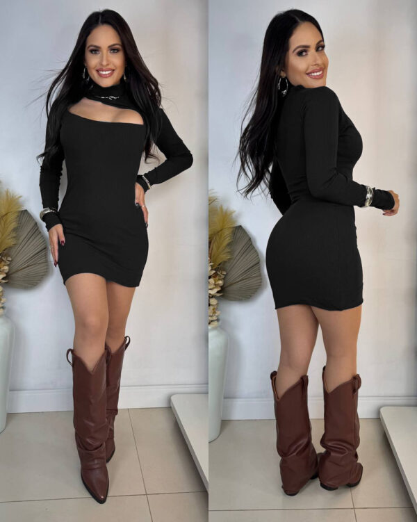 Vestido Canelado Premium Choker Preto