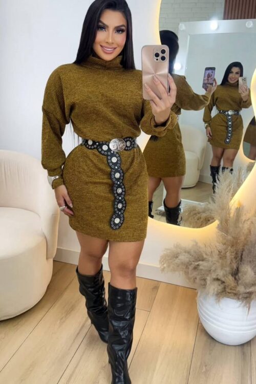 Vestido Poncho Moletinho Canelado Dourado