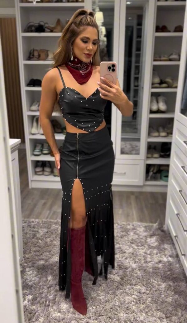 Conjunto Courino Coração Franjas Strass Preto - Imagem 2