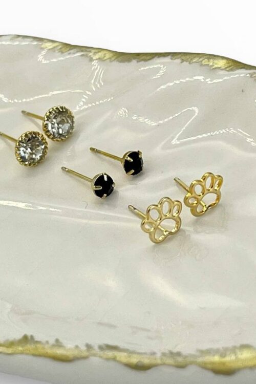 Trio De Brincos Folheado A Ouro - Pata De Cachorro + Strass Preto + Strass