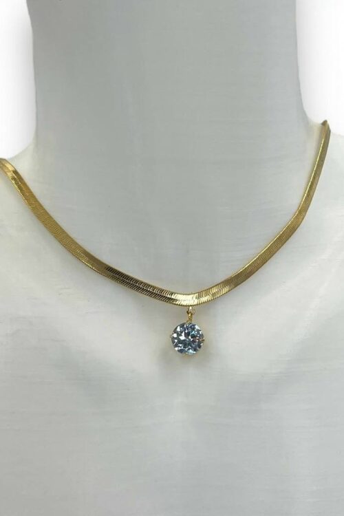 Colar Choker Folheado A Ouro - Malha Fita 4 Cm + Circulo De Zircônia Pendurada