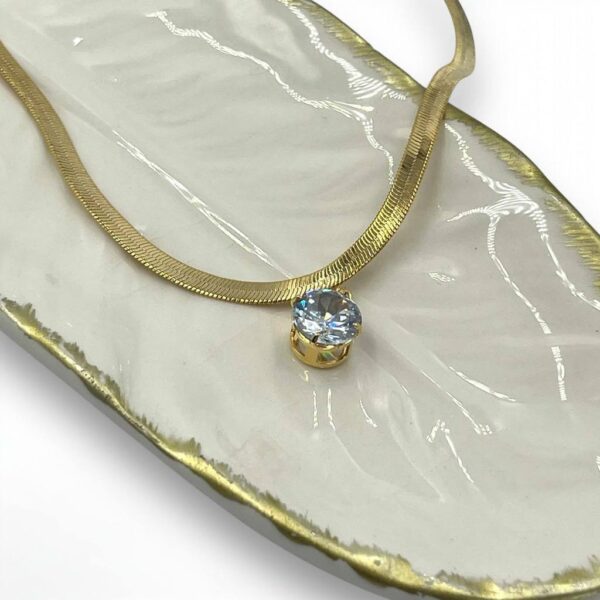 Colar Choker Folheado A Ouro - Malha Fita 4 Cm + Circulo De Zircônia Pendurada