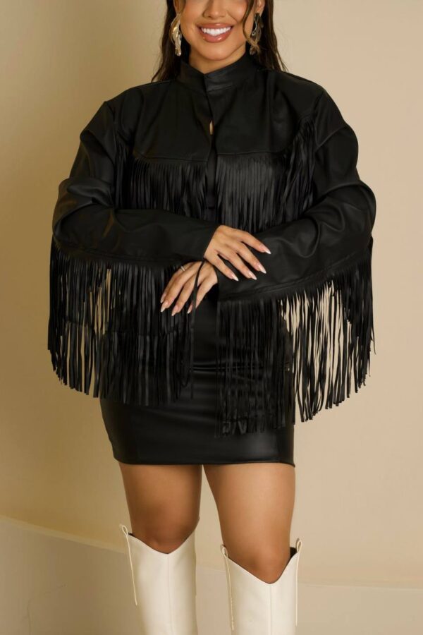 Vestido De Courino + Jaqueta Franjas Luxo Preto - Imagem 5