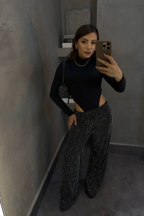 Calça Pantalona Preta Com Strass Luxo