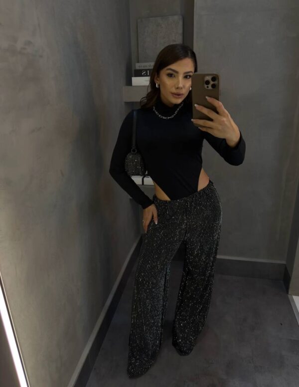 Calça Pantalona Preta Com Strass Luxo