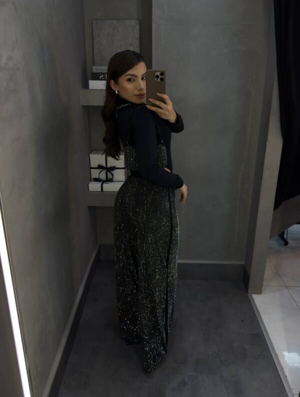 Calça Pantalona Preta Com Strass Luxo - Imagem 3