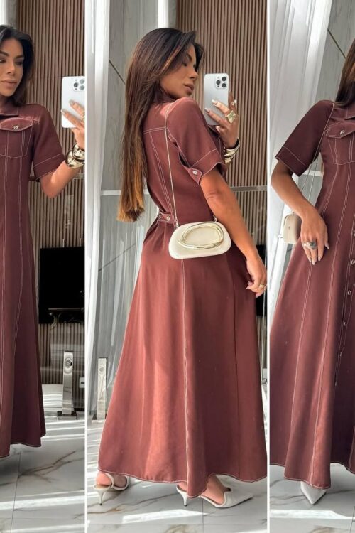 Vestido Longo Botões Brenda Marrom