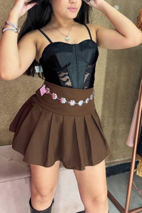 Saia Shorts Alfaiataria Colegial Marrom