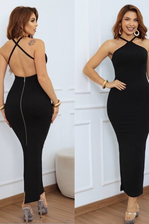 Vestido Longo Canelado Com Zíper Atras Preto