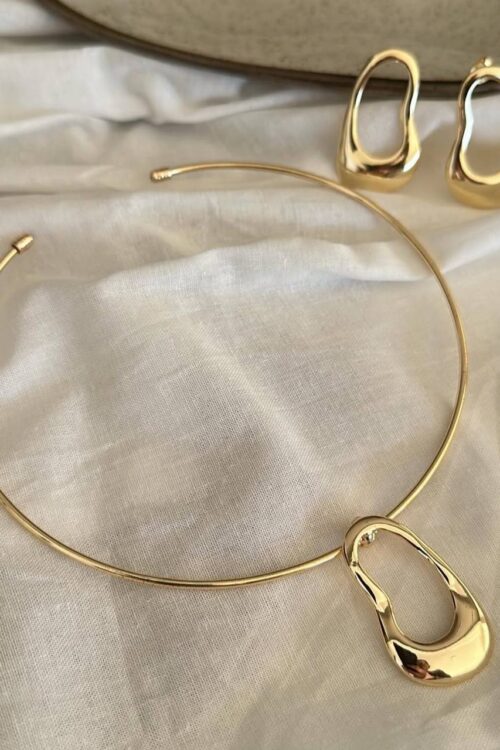 Conjunto Colar Choker + Brincos Orgânicos Dourado