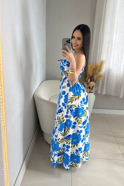 Vestido Longo Floral Com Azul e Folhas Verdes
