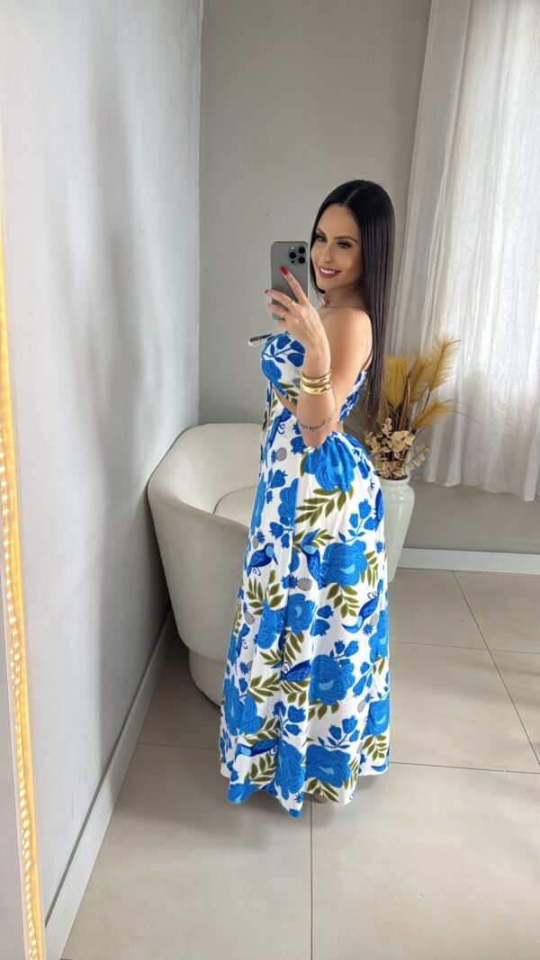 Vestido Longo Floral Com Azul e Folhas Verdes - Imagem 2