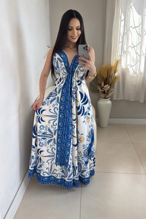 Vestido Indiano Longo Crepinho Azul