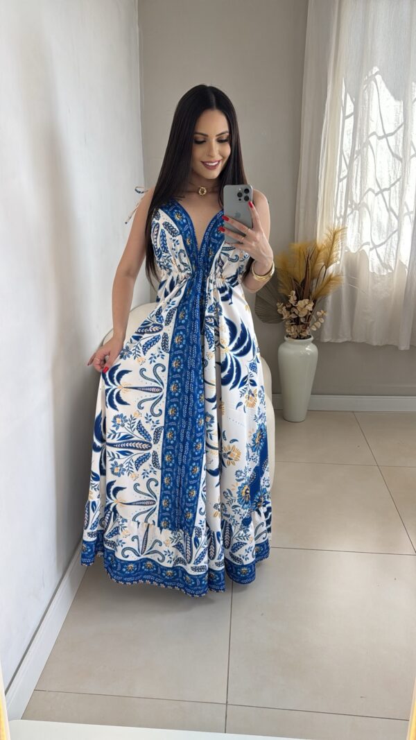 Vestido Indiano Longo Crepinho Azul - Imagem 2