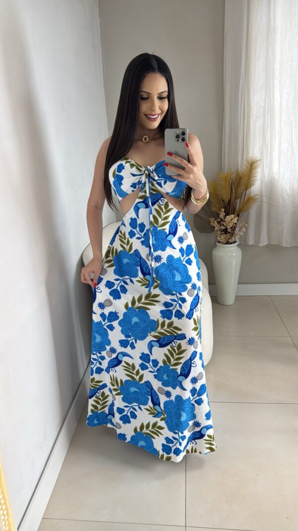 Vestido Longo Floral Com Azul e Folhas Verdes - Imagem 3