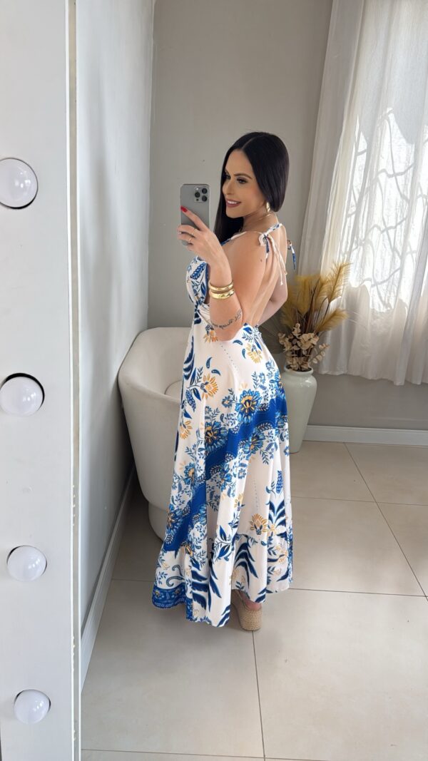 Vestido Indiano Longo Crepinho Azul - Imagem 3