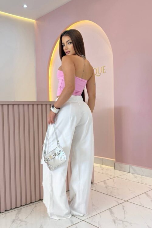 Calça Wide Leg Bolsos Frontais Branca