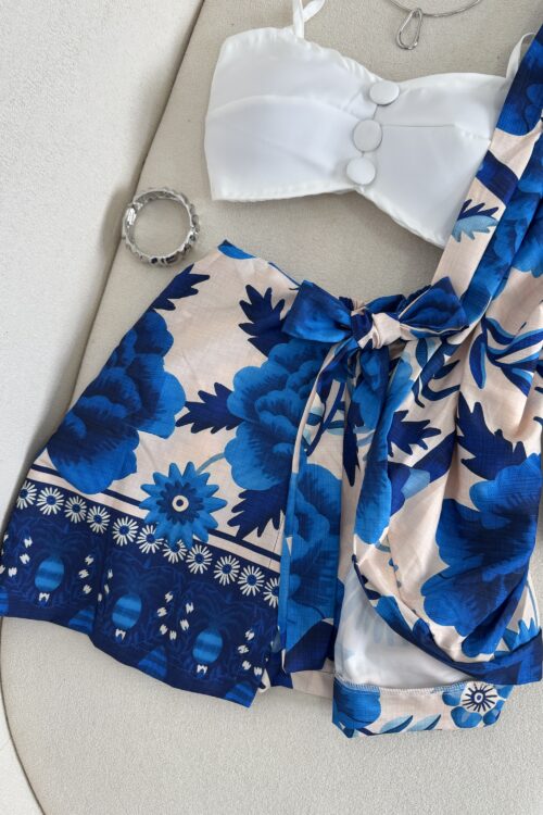 Conjunto De Kimono + Shorts/saia Estampado Azul com Off